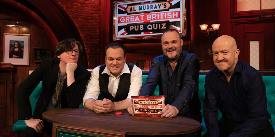 Al Murray's Great British Pub Quiz. Image shows from L to R: Ed Byrne, Shaun Williamson, Al Murray, Andy Parsons. Copyright: Avalon Television