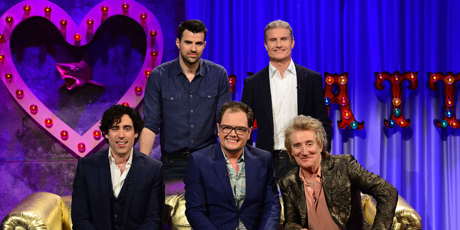 Alan Carr: Chatty Man. Image shows from L to R: Stephen Mangan, Steve Jones, Alan Carr, David Coulthard, Rod Stewart. Copyright: Open Mike Productions