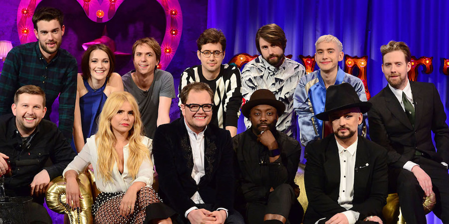 Alan Carr: Chatty Man. Image shows from L to R: Greg McHugh, Jack Whitehall, Charlotte Ritchie, Paloma Faith, Joe Thomas, Alan Carr, Emre Türkmen, William Adams, Mikey Goldsworthy, Olly Alexander, Boy George, Ricky Wilson. Copyright: Open Mike Productions