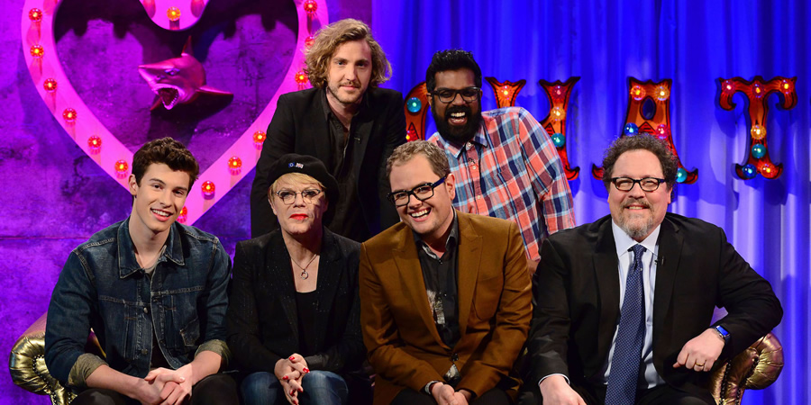 Alan Carr: Chatty Man. Image shows from L to R: Shawn Mendes, Eddie Izzard, Seann Walsh, Alan Carr, Romesh Ranganathan, Jon Favreau. Copyright: Open Mike Productions