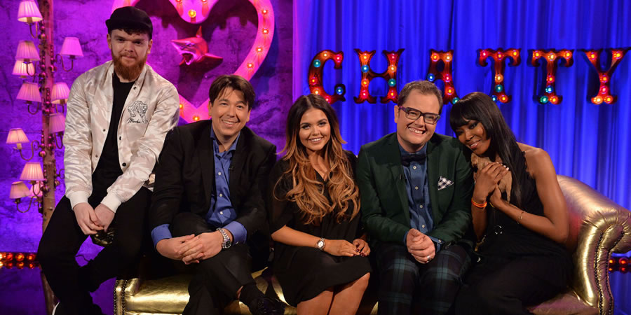 Alan Carr: Chatty Man. Image shows from L to R: Jack Garratt, Michael McIntyre, Scarlett Moffatt, Alan Carr, Naomi Campbell. Copyright: Open Mike Productions