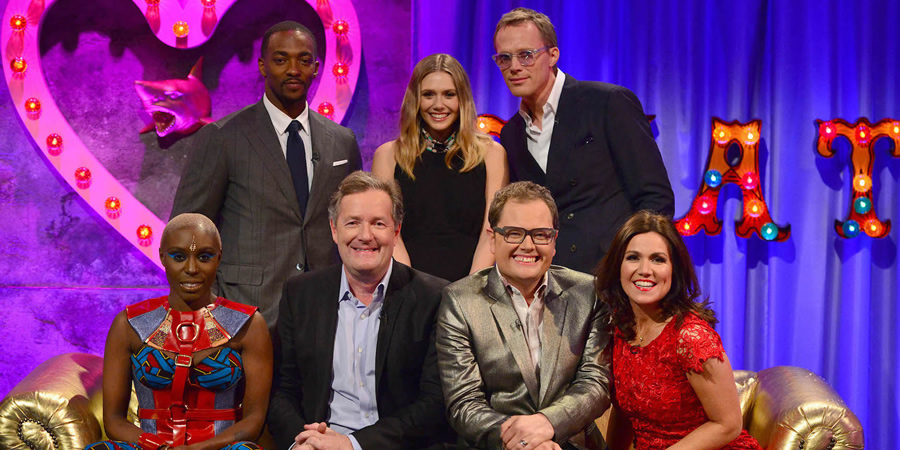 Alan Carr: Chatty Man. Image shows from L to R: Laura Mvula, Anthony Mackie, Piers Morgan, Elizabeth Olsen, Alan Carr, Paul Bettany, Susanna Reid