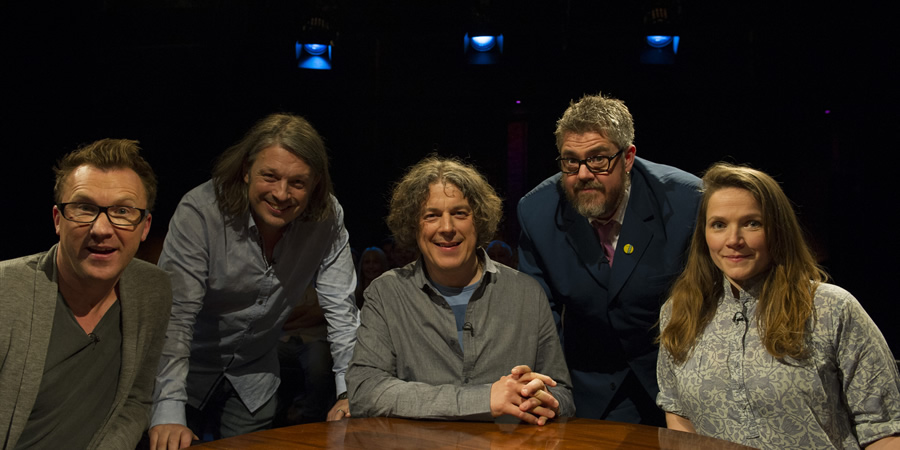 Alan Davies: As Yet Untitled. Image shows from L to R: Jason Byrne, Richard Herring, Alan Davies, Phill Jupitus, Jessica Hynes