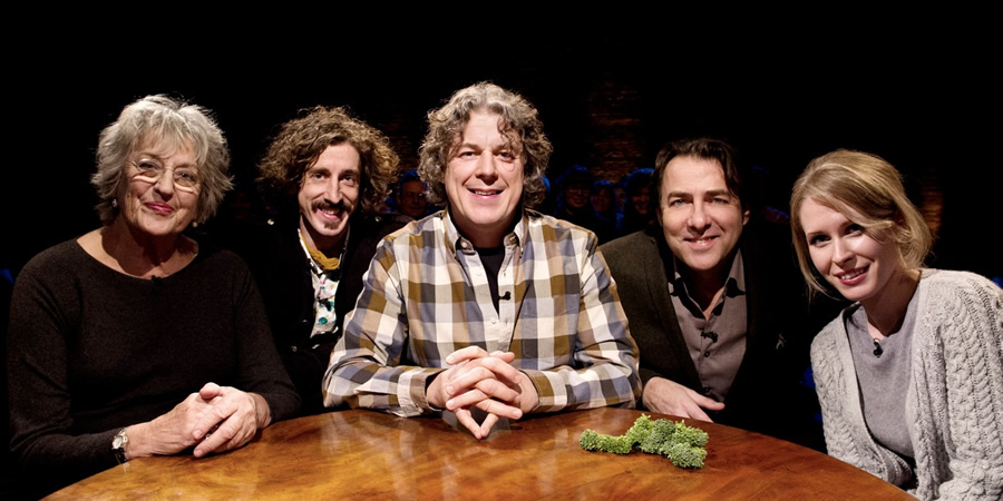 Alan Davies: As Yet Untitled. Image shows from L to R: Germaine Greer, Tom Wrigglesworth, Alan Davies, Jonathan Ross, Lucy Beaumont