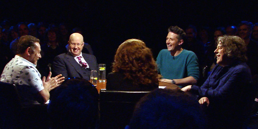 Alan Davies: As Yet Untitled. Image shows from L to R: John Thomson, Matt Lucas, Sarah Kendall, Stuart Goldsmith, Alan Davies. Copyright: Phil McIntyre Entertainment