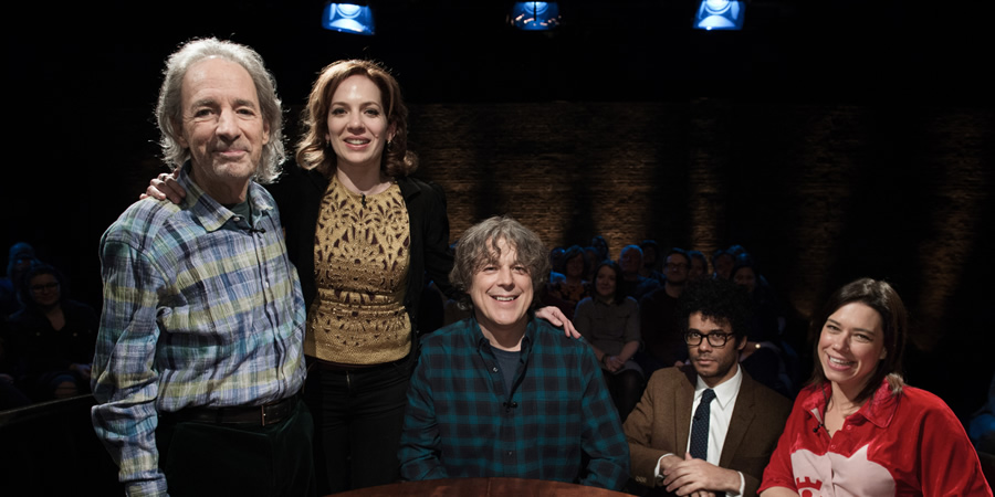 Alan Davies: As Yet Untitled. Image shows from L to R: Harry Shearer, Katherine Parkinson, Alan Davies, Richard Ayoade, Lou Sanders