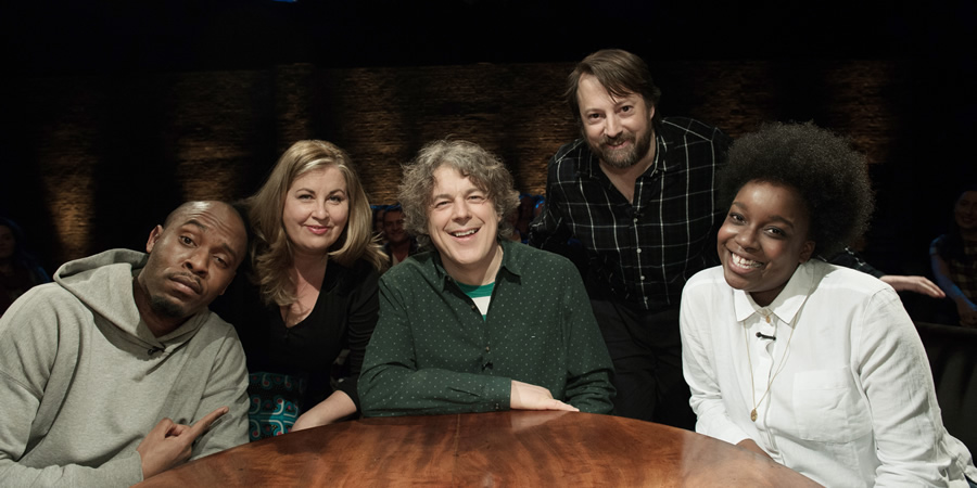 Alan Davies: As Yet Untitled. Image shows from L to R: Dane Baptiste, Liza Tarbuck, Alan Davies, David Mitchell, Lolly Adefope Alan Davies: As Yet Untitled. Image shows from L to R: Dane Baptiste, Liza Tarbuck, Alan Davies, David Mitchell, Lolly Adefope