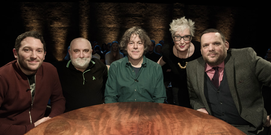 Alan Davies: As Yet Untitled. Image shows from L to R: Jon Richardson, Alexei Sayle, Alan Davies, Jenny Eclair, Mark Olver