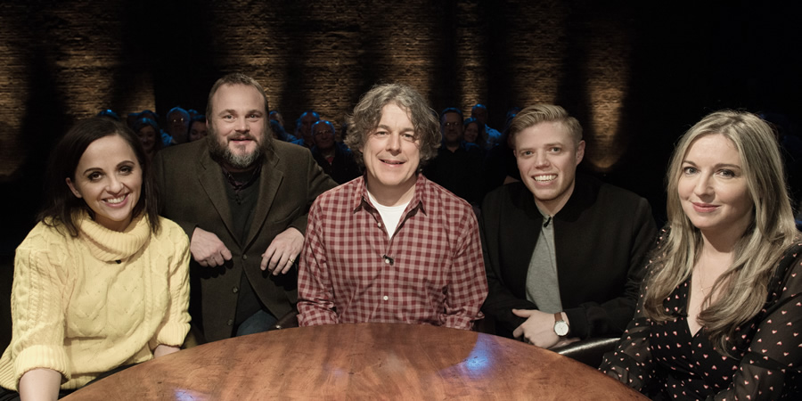 Alan Davies: As Yet Untitled. Image shows from L to R: Luisa Omielan, Al Murray, Alan Davies, Rob Beckett, Victoria Coren Mitchell