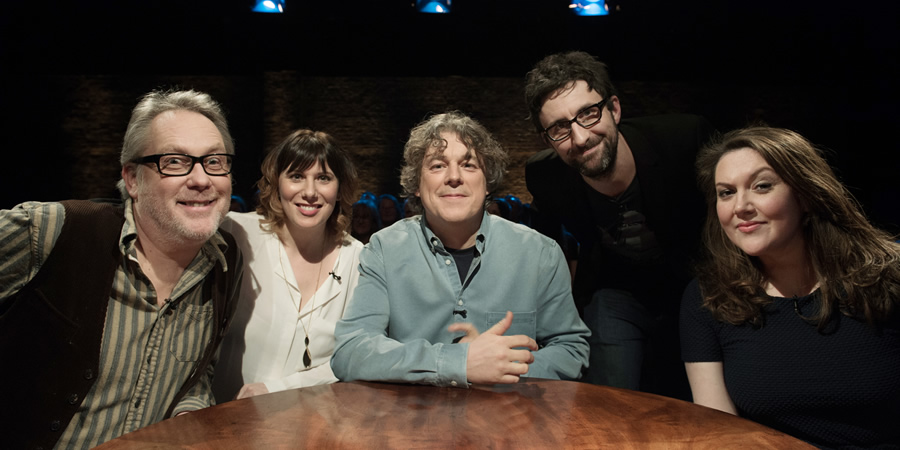 Alan Davies: As Yet Untitled. Image shows from L to R: Vic Reeves, Karen Taylor, Alan Davies, Mark Watson, Katy Wix