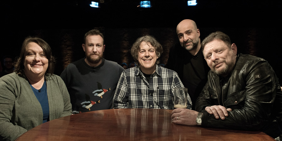 Alan Davies: As Yet Untitled. Image shows from L to R: Kathy Burke, Alex Horne, Alan Davies, Omid Djalili, Shaun Ryder