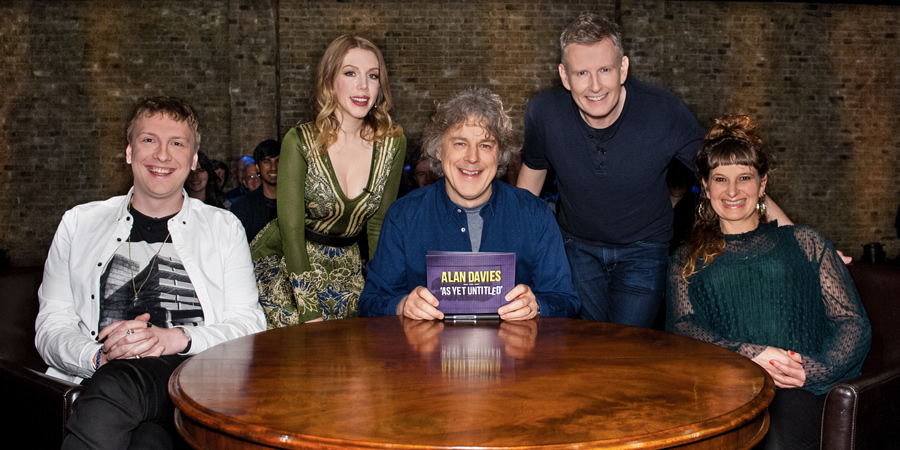 Alan Davies: As Yet Untitled. Image shows from L to R: Joe Lycett, Katherine Ryan, Alan Davies, Patrick Kielty, Annie Siddons. Copyright: Phil McIntyre Entertainment