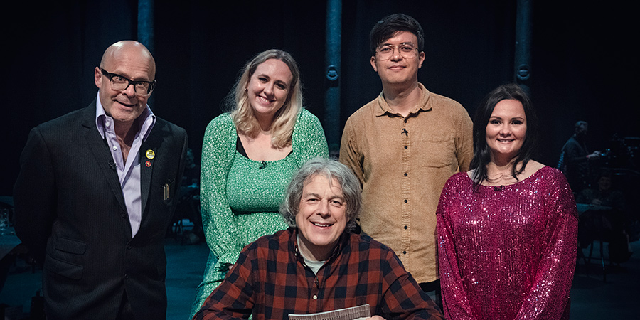 Alan Davies: As Yet Untitled. Image shows from L to R: Harry Hill, Helen Bauer, Alan Davies, Phil Wang, Rachel Fairburn. Copyright: Phil McIntyre Entertainment