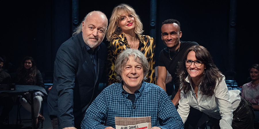 Alan Davies: As Yet Untitled. Image shows from L to R: Bill Bailey, Morgana Robinson, Alan Davies, Munya Chawawa, Nina Conti. Copyright: Phil McIntyre Entertainment