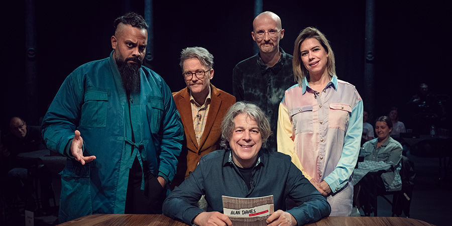 Alan Davies: As Yet Untitled. Image shows from L to R: Guz Khan, Geoff Lloyd, Alan Davies, Andy Field, Lou Sanders. Copyright: Phil McIntyre Entertainment