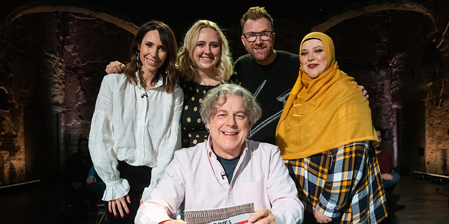 Alan Davies: As Yet Untitled. Image shows left to right: Alex Jones, Helen Bauer, Alan Davies, Jason Byrne, Fatiha El-Ghorri