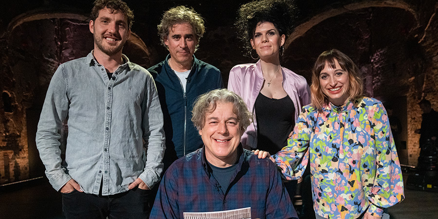 Alan Davies: As Yet Untitled. Image shows left to right: Seann Walsh, Stephen Mangan, Alan Davies, Jordan Gray, Isy Suttie