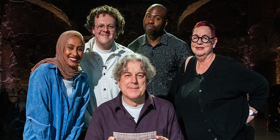 Alan Davies: As Yet Untitled. Image shows left to right: Ola Labib, Jack Rooke, Alan Davies, Darren Harriott, Jo Brand