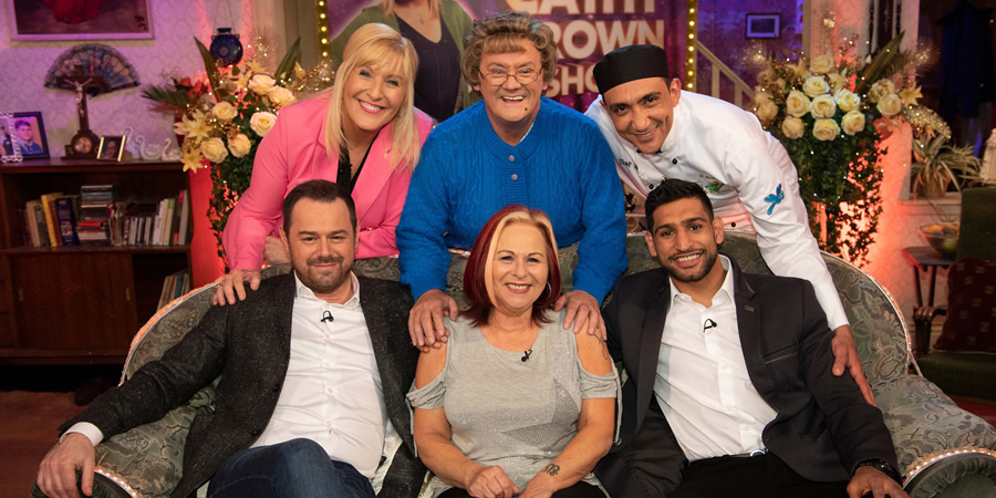 All Round To Mrs. Brown's. Image shows from L to R: Danny Dyer, Cathy Brown (Jennifer Gibney), Mrs Brown (Brendan O'Carroll), Chris Dyer, Aly Mahmoud, Amir Khan