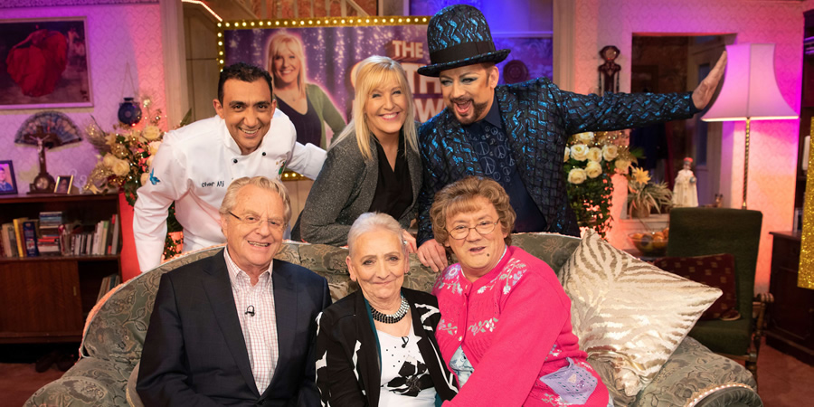 All Round To Mrs. Brown's. Image shows from L to R: Aly Mahmoud, Jerry Springer, Dinah O'Dowd, Cathy Brown (Jennifer Gibney), Mrs Brown (Brendan O'Carroll), Boy George