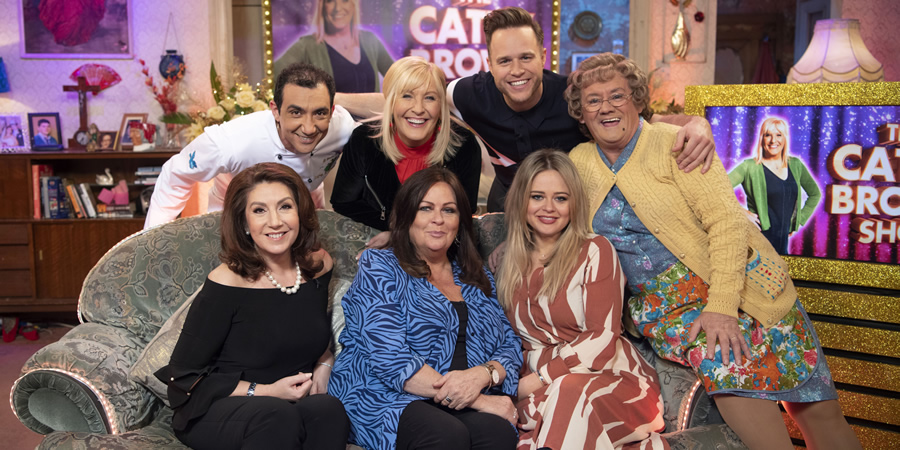 All Round To Mrs. Brown's. Image shows from L to R: Jane McDonald, Aly Mahmoud, Cathy Brown (Jennifer Gibney), Kate Robbins, Olly Murs, Emily Atack, Mrs Brown (Brendan O'Carroll)