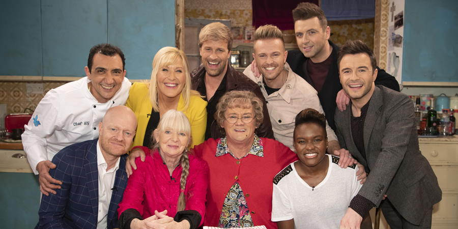 All Round To Mrs. Brown's. Image shows from L to R: Aly Mahmoud, Jake Wood, Cathy Brown (Jennifer Gibney), Joelle Wood, Kian Egan, Mrs Brown (Brendan O'Carroll), Nicky Byrne, Mark Feehily, Nicola Adams, Shane Filan