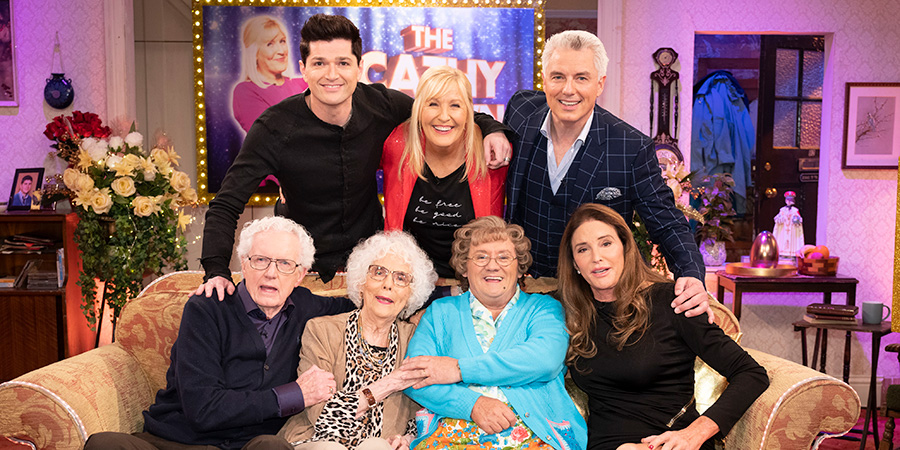 All Round To Mrs. Brown's. Image shows from L to R: John Barrowman, Danny O'Donoghue, Marion Barrowman, Cathy Brown (Jennifer Gibney), Mrs Brown (Brendan O'Carroll), John Barrowman, Caitlyn Jenner