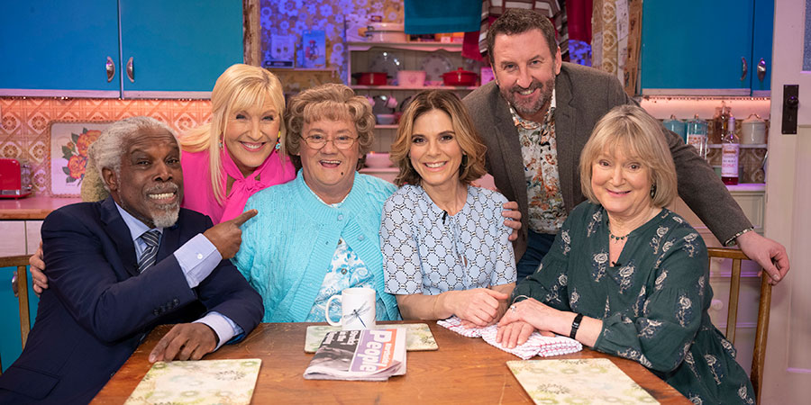 All Round To Mrs. Brown's. Image shows from L to R: Billy Ocean, Cathy Brown (Jennifer Gibney), Mrs Brown (Brendan O'Carroll), Emilia Fox, Lee Mack, Joanna David