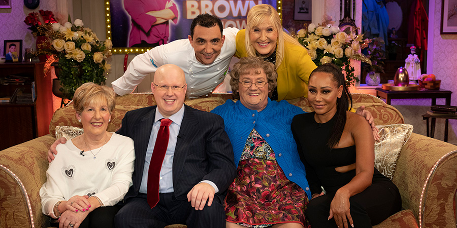 All Round To Mrs. Brown's. Image shows from L to R: Diana Lobatto, Matt Lucas, Aly Mahmoud, Mrs Brown (Brendan O'Carroll), Cathy Brown (Jennifer Gibney), Melanie Brown