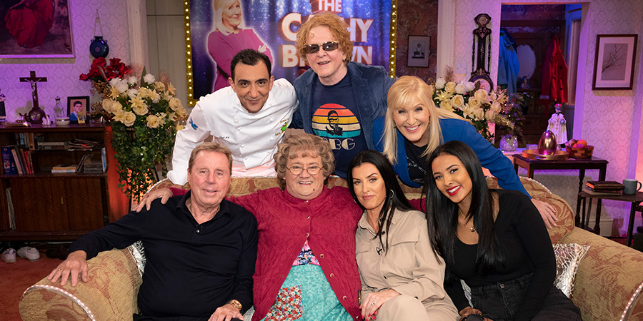 All Round To Mrs. Brown's. Image shows from L to R: Harry Redknapp, Aly Mahmoud, Mrs Brown (Brendan O'Carroll), Mick Hucknall, Sadie Benjamin, Cathy Brown (Jennifer Gibney), Maya Jama