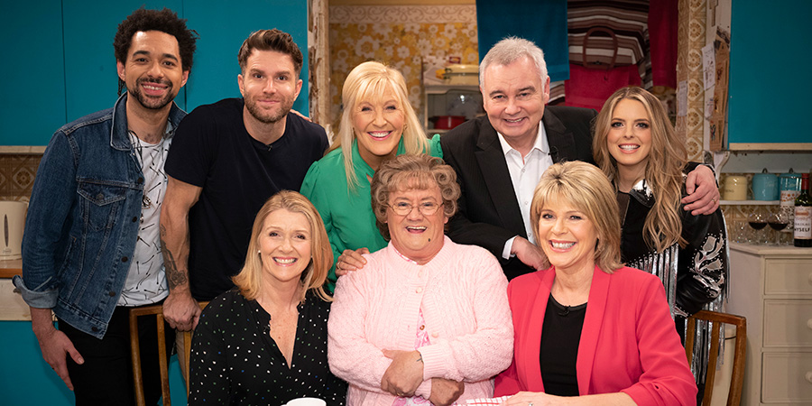 All Round To Mrs. Brown's. Image shows from L to R: Ben Earle, Joel Dommett, Penny Dommett, Cathy Brown (Jennifer Gibney), Mrs Brown (Brendan O'Carroll), Eamonn Holmes, Ruth Langsford, Crissie Rhodes