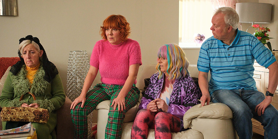 Alma's Not Normal. Image shows left to right: Aunty Ange (Julie Hesmondhalgh), Alma Nuthall (Sophie Willan), Lin (Siobhan Finneran), Uncle Dickie (Steve Pemberton)