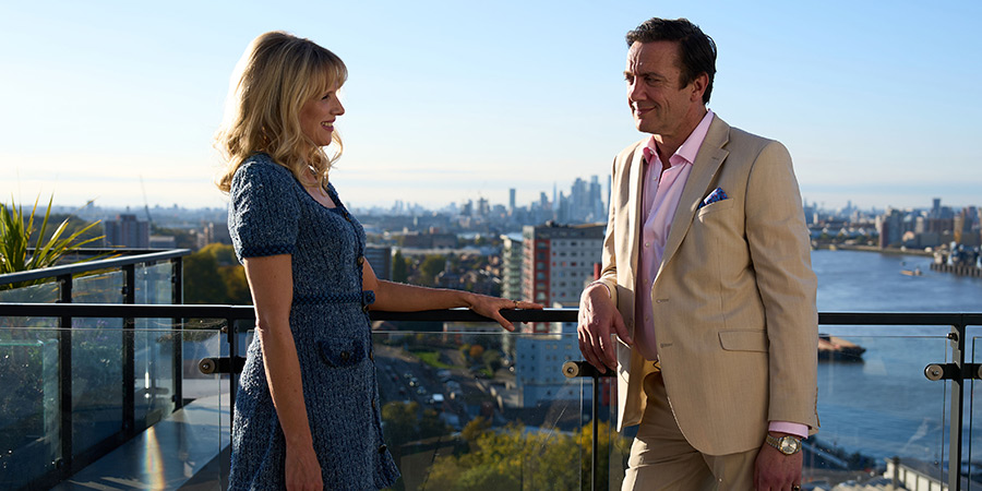 Amandaland. Image shows left to right: Amanda (Lucy Punch), Johannes (Peter Serafinowicz)