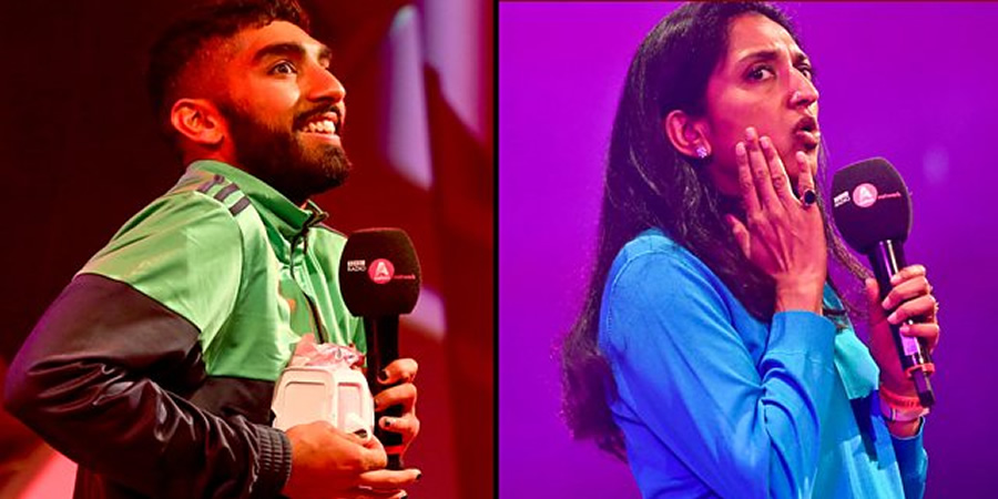 Asian Network Comedy. Image shows from L to R: Mawaan Rizwan, Sindhu Vee. Copyright: BBC