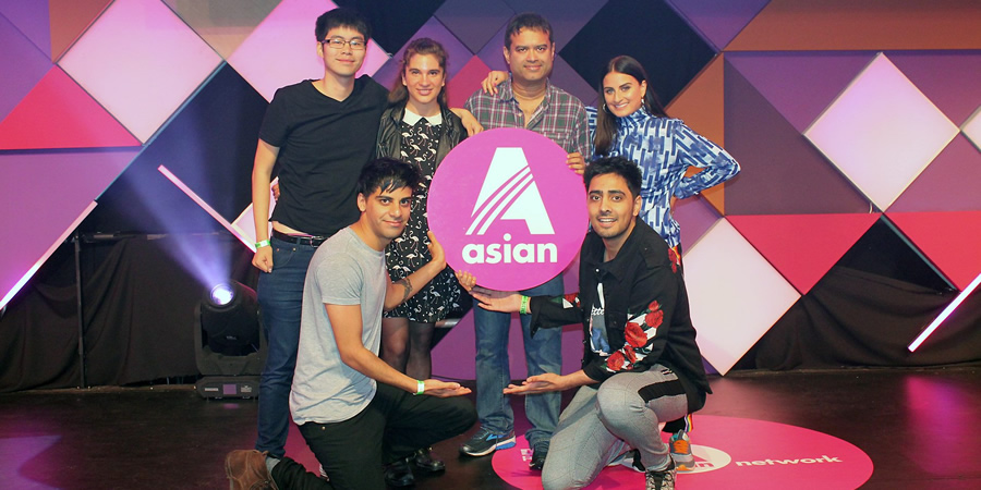 Asian Network Comedy. Image shows from L to R: Ken Cheng, Kai Samra, Zahra Barri, Paul Sinha, Yasser Ranjha, Jen Wakefield. Copyright: BBC