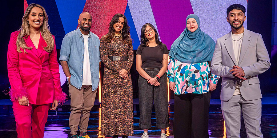 Asian Network Comedy. Image shows left to right: Nikita Kanda, Bas Rahman, Dinesh Nathan, Shalaka Kurup, Fatiha El-Ghorri, SMASHBengali