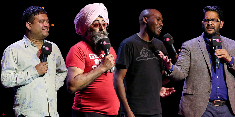 Asian Network Comedy. Image shows from L to R: Paul Sinha, Hardeep Singh Kohli, Dane Baptiste, Eshaan Akbar. Copyright: BBC
