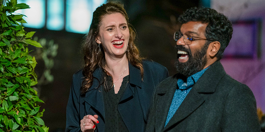 Avoidance. Image shows from L to R: Claire (Jessica Knappett), Jonathan (Romesh Ranganathan)