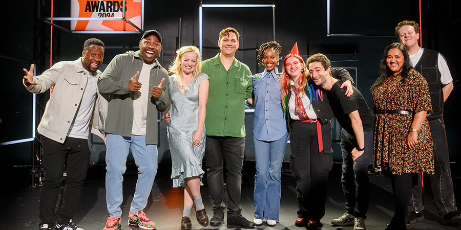 BBC New Comedy Awards. Image shows left to right: Babatunde Aléshé, Darren Harriott, Holly Ludlow, Dane Buckley, Sharon Wanjohi, Kathy Rivett, Hasan Al-Habib, Sukh Ojla, Jack Rooke