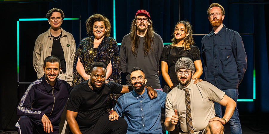 BBC New Comedy Awards. Image shows left to right: Spencer Jones, Hannah Moulder, Kiri Pritchard-McLean, Babatunde Aléshé, Ashish Suri, Paul Hilleard, Sarah Roberts, Josh Harvey, Louie McLean