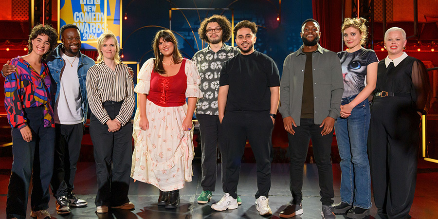 BBC New Comedy Awards. Image shows left to right: Lara Ricote, Babatunde Aléshé, Holly Walsh, Maia Tassalini, Alfie Packham, Muhsin Yesilada, Limahl Germain, Frankie Thompson, Laura Smyth