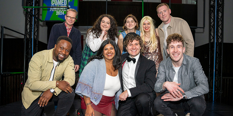 BBC New Comedy Awards. Image shows left to right: Babatunde Aléshé, Gregor Sharp, Ashley Storrie, Maddy Fernando, JoJo Maberly, Jonathan Oldfield, Katie McLeod, Craig Scott, Larry Dean