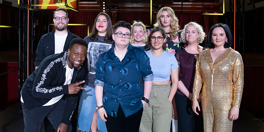 BBC New Comedy Awards. Image shows left to right: Jake Donaldson, Babatunde Aléshé, Maria Fedulova, Marie Goulbourne, Rachel Hough, Samira Banks, Jessica Knappett, Gill Isles, Rachel Fairburn