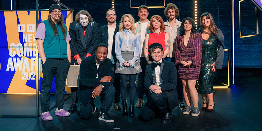 BBC New Comedy Awards. Image shows left to right: Paul Hilleard, Joe Kent-Walters, Babatunde Aléshé, Jake Donaldson, Lucy Beaumont, Dane Buckley, Marty Gleeson, Jonathan Oldfield, Josh Pugh, Shaparak Khorsandi, Maia Tassalini