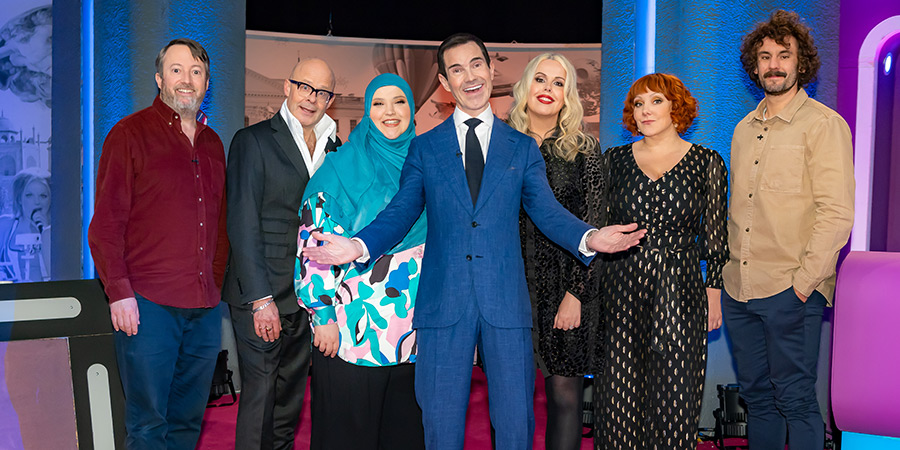 The Big Fat Quiz Of Everything. Image shows left to right: David Mitchell, Harry Hill, Fatiha El-Ghorri, Jimmy Carr, Roisin Conaty, Sophie Willan, Josh Pugh