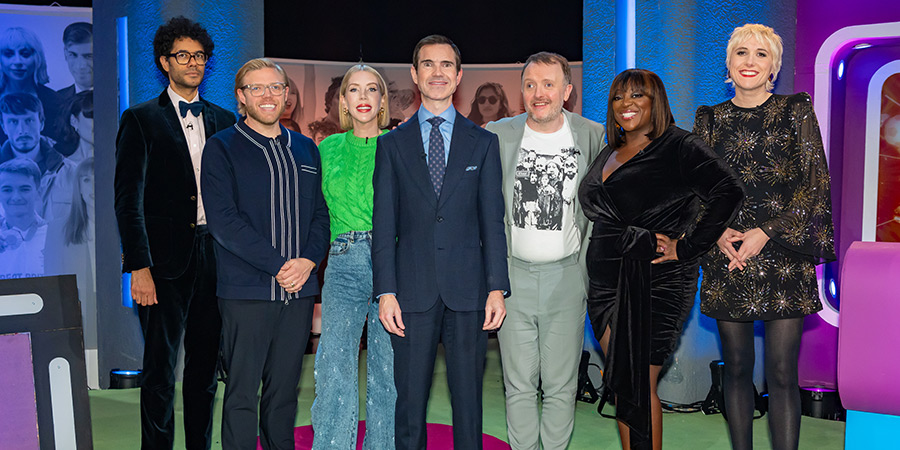 The Big Fat Quiz Of The Year. Image shows left to right: Richard Ayoade, Rob Beckett, Katherine Ryan, Jimmy Carr, Chris McCausland, Judi Love, Maisie Adam