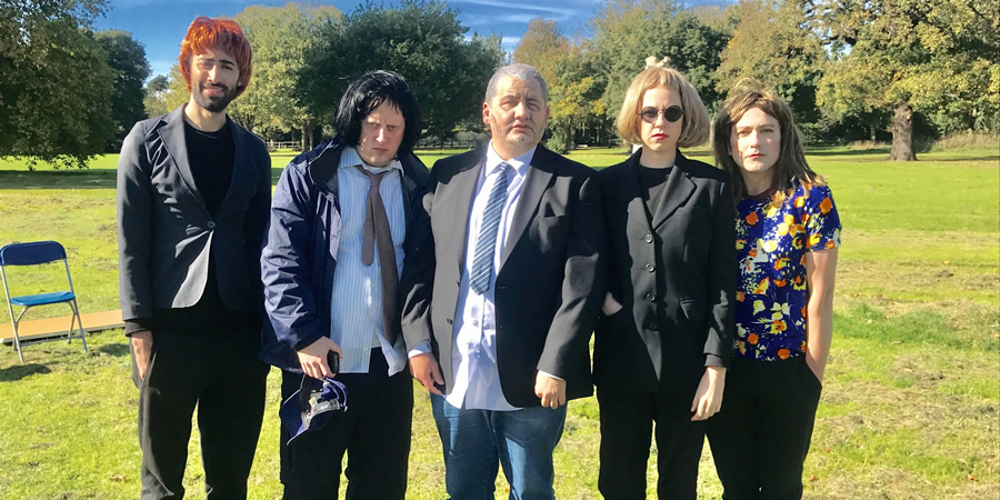 Big Field. Image shows from L to R: Richard David-Caine, Marek Larwood, Tony Way, Ellie White. Copyright: BBC