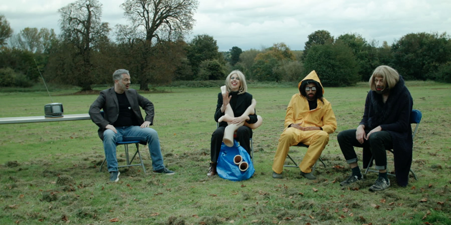 Big Field. Image shows from L to R: Steven Kynman, Ellie White, Richard David-Caine, Felix Hayes. Copyright: BBC