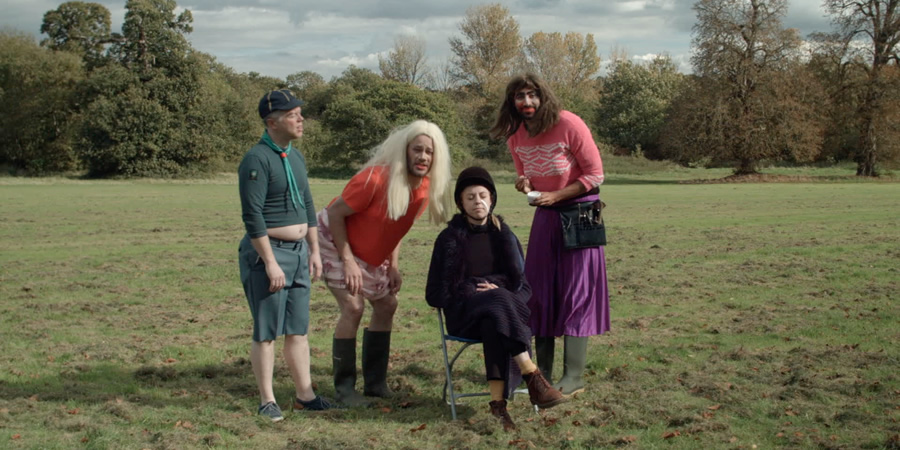 Big Field. Image shows from L to R: Steven Kynman, Felix Hayes, Ellie White, Richard David-Caine. Copyright: BBC