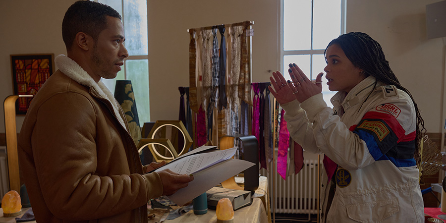 Big Mood. Image shows left to right: Jay (Ukweli Roach), Eddie (Lydia West)